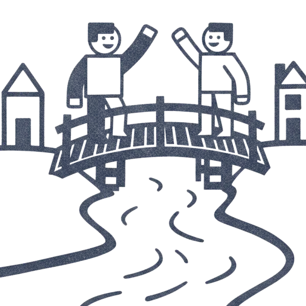Neighbors waving across a small footbridge over a creek