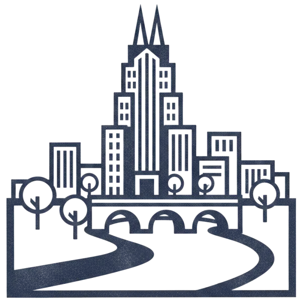 A skyline with a two-spired tower by the river, for Nashville
